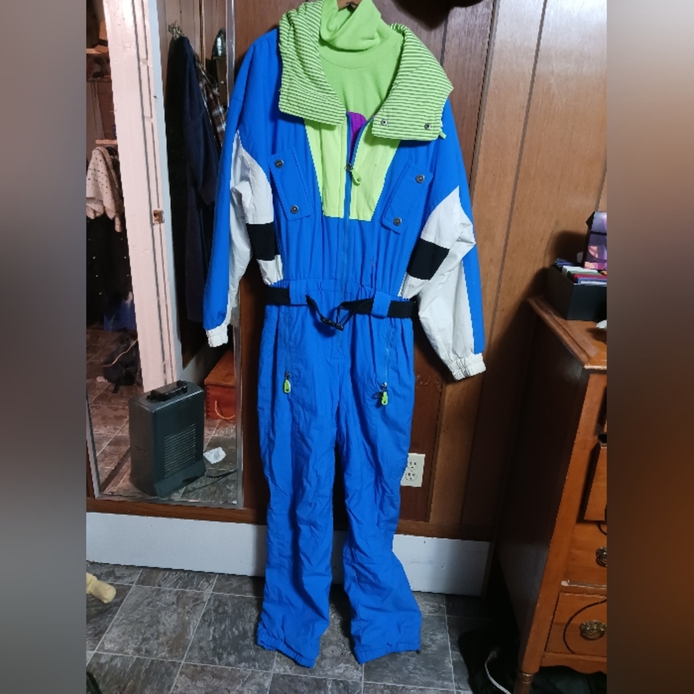 Mens vintage, 80's style ski suit, large, blue, purple, neon green, white